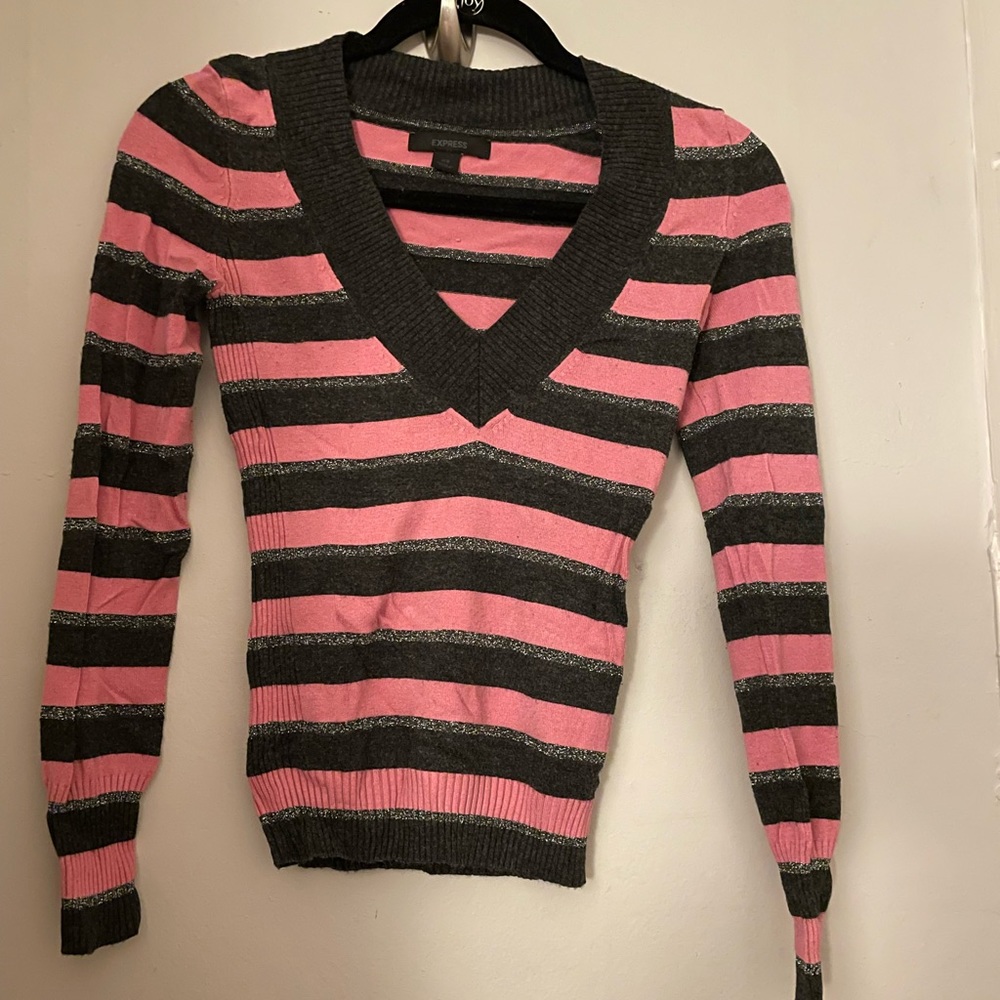 XS Pink and Gray striped sweater.